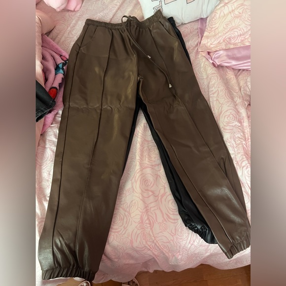 Brown and black leather pants! Worn once! High rise. - Picture 3 of 3